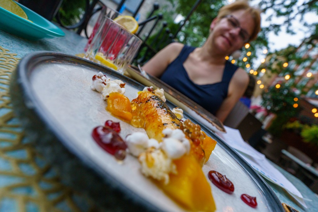 Ashta brulee with popcorn, mango, hibiscus mint fluid gel.